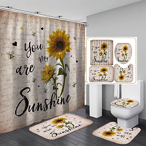 AZHM Sunflower Shower Curtain Sets with Rugs 4PCS You are My Sunshine Bathroom Decor Set Waterproof Shower Curtain Non-Slip Rugs Toilet Rugs Bath Mats Bathroom Curtains Shower Set with 12 Hooks