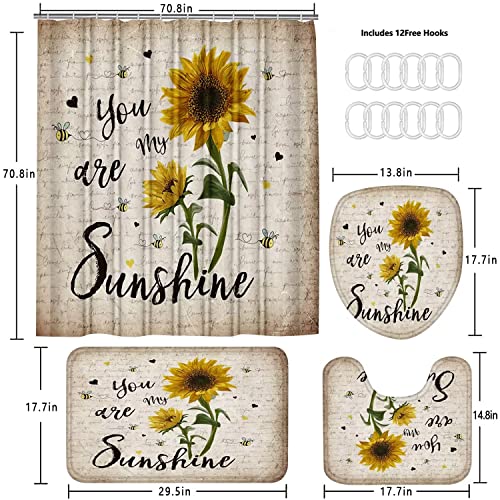 AZHM Sunflower Shower Curtain Sets with Rugs 4PCS You are My Sunshine Bathroom Decor Set Waterproof Shower Curtain Non-Slip Rugs Toilet Rugs Bath Mats Bathroom Curtains Shower Set with 12 Hooks