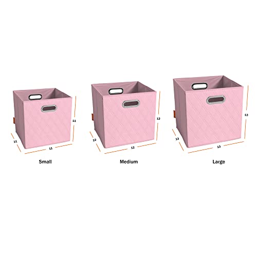 JIAessentials Small 12-inch Pink Foldable Diamond Patterned Faux Leather Storage Cube Bins Set of Four with Handles with Dual Handles for living room, bedroom and office storage