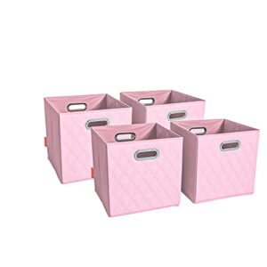 jiaessentials small 12-inch pink foldable diamond patterned faux leather storage cube bins set of four with handles with dual handles for living room, bedroom and office storage