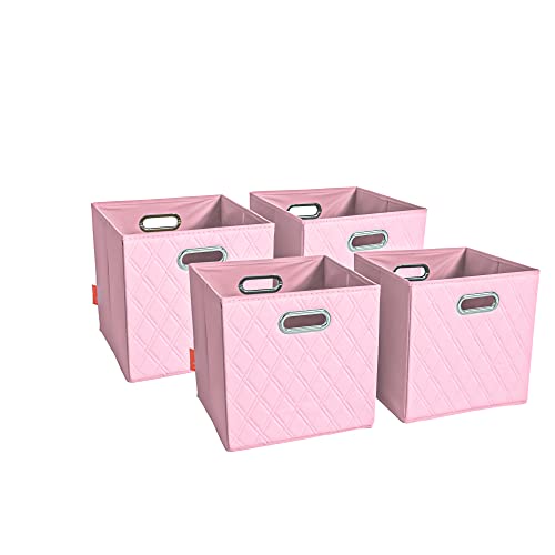 JIAessentials Small 12-inch Pink Foldable Diamond Patterned Faux Leather Storage Cube Bins Set of Four with Handles with Dual Handles for living room, bedroom and office storage