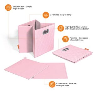 JIAessentials Small 12-inch Pink Foldable Diamond Patterned Faux Leather Storage Cube Bins Set of Four with Handles with Dual Handles for living room, bedroom and office storage