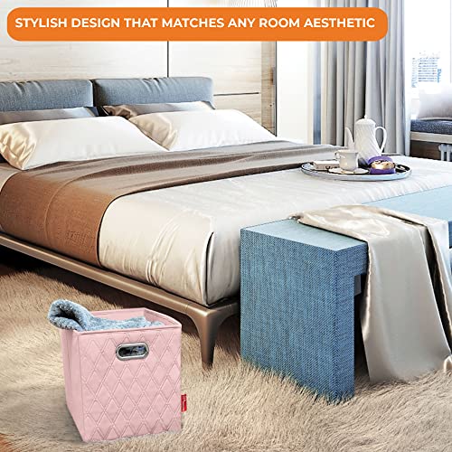 JIAessentials Small 12-inch Pink Foldable Diamond Patterned Faux Leather Storage Cube Bins Set of Four with Handles with Dual Handles for living room, bedroom and office storage