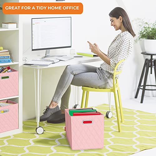 JIAessentials Small 12-inch Pink Foldable Diamond Patterned Faux Leather Storage Cube Bins Set of Four with Handles with Dual Handles for living room, bedroom and office storage