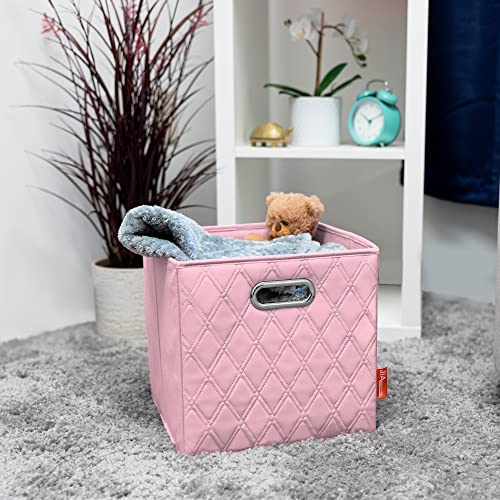 JIAessentials Small 12-inch Pink Foldable Diamond Patterned Faux Leather Storage Cube Bins Set of Four with Handles with Dual Handles for living room, bedroom and office storage