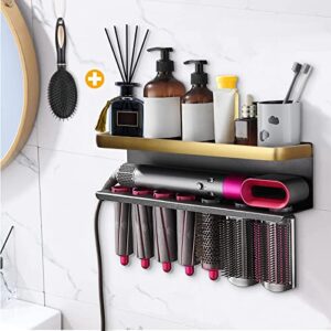 yimerlen airwrap storage holder compatible with dyson airwrap curling iron wall mount storage rack holder for bathroom attachments organizer (black/gold, with air cushion comb)