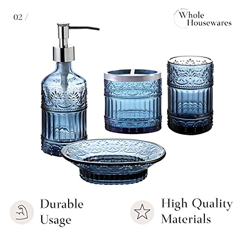 WHOLE HOUSEWARES | Premium Bathroom Accessory Set | 4-Piece Decorative Blue Glass Bathroom Decor Accessories Set | Soap Dispenser, Tray, Jar, Toothbrush Holder | Elegant Mosaic Glass (Blue)