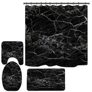 black marble shower curtain with bath rugs sets, 4 pcs gray marble patterns bathroom décor with toilet seat cover, non-slip mats, absorbent pedestal pads and waterproof shower curtains + hooks (black)