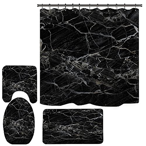 Black Marble Shower Curtain with Bath Rugs Sets, 4 Pcs Gray Marble Patterns Bathroom Décor with Toilet Seat Cover, Non-Slip Mats, Absorbent Pedestal Pads and Waterproof Shower Curtains + Hooks (Black)