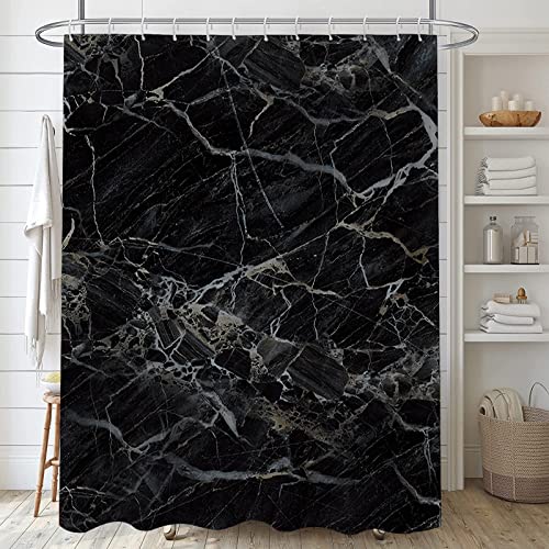 Black Marble Shower Curtain with Bath Rugs Sets, 4 Pcs Gray Marble Patterns Bathroom Décor with Toilet Seat Cover, Non-Slip Mats, Absorbent Pedestal Pads and Waterproof Shower Curtains + Hooks (Black)