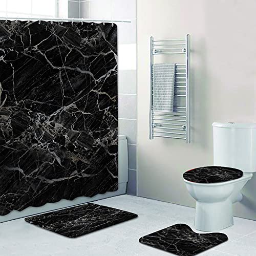 Black Marble Shower Curtain with Bath Rugs Sets, 4 Pcs Gray Marble Patterns Bathroom Décor with Toilet Seat Cover, Non-Slip Mats, Absorbent Pedestal Pads and Waterproof Shower Curtains + Hooks (Black)