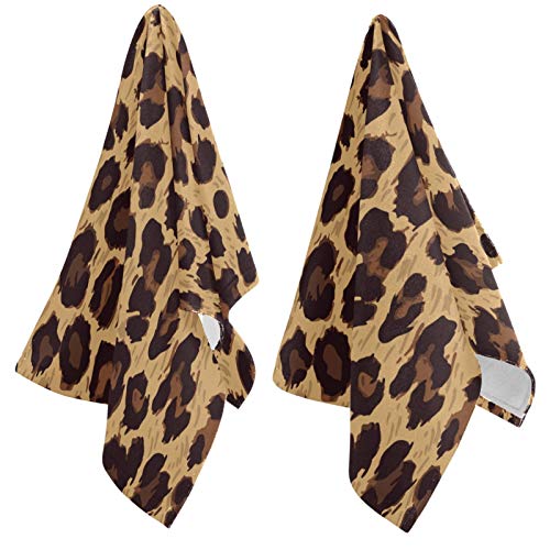 Naanle Set of 2 Animal Leopard Print Soft Fluffy Guest Hand Towels, Multipurpose for Bathroom, Hotel, Gym and Spa (14" x 28")