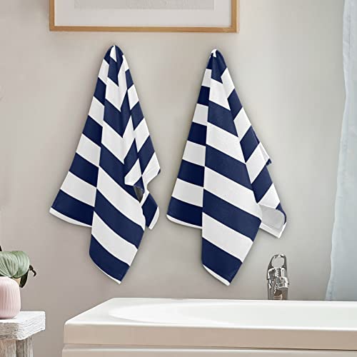 KLL Bathroom Hand Towels Set of 2 Navy Blue and White Stripes 14 x 28 Inches Soft Quality Decorative Bathroom Towel for Hand, Face, Hair, Tea, Dishcloth, Kitchen and Bath