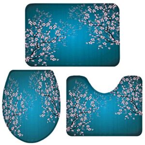 3 piece bath rugs sets, elegant cherry blossoms non slip bathroom carpet blue water absorbent u-shaped toilet mat, toilet lid cover