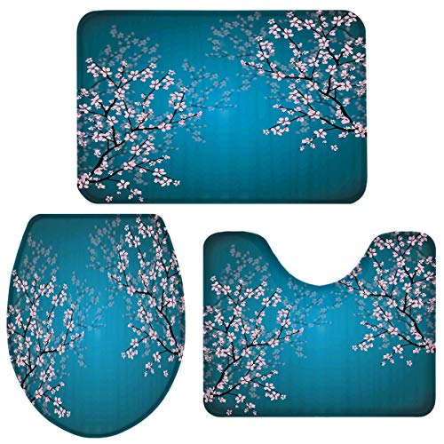 3 Piece Bath Rugs Sets, Elegant Cherry Blossoms Non Slip Bathroom Carpet Blue Water Absorbent U-Shaped Toilet Mat, Toilet Lid Cover