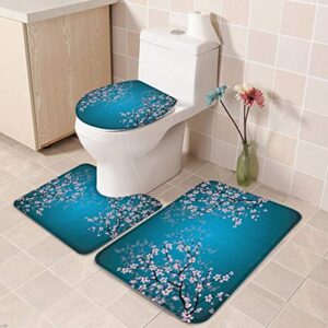 3 Piece Bath Rugs Sets, Elegant Cherry Blossoms Non Slip Bathroom Carpet Blue Water Absorbent U-Shaped Toilet Mat, Toilet Lid Cover