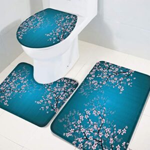 3 Piece Bath Rugs Sets, Elegant Cherry Blossoms Non Slip Bathroom Carpet Blue Water Absorbent U-Shaped Toilet Mat, Toilet Lid Cover