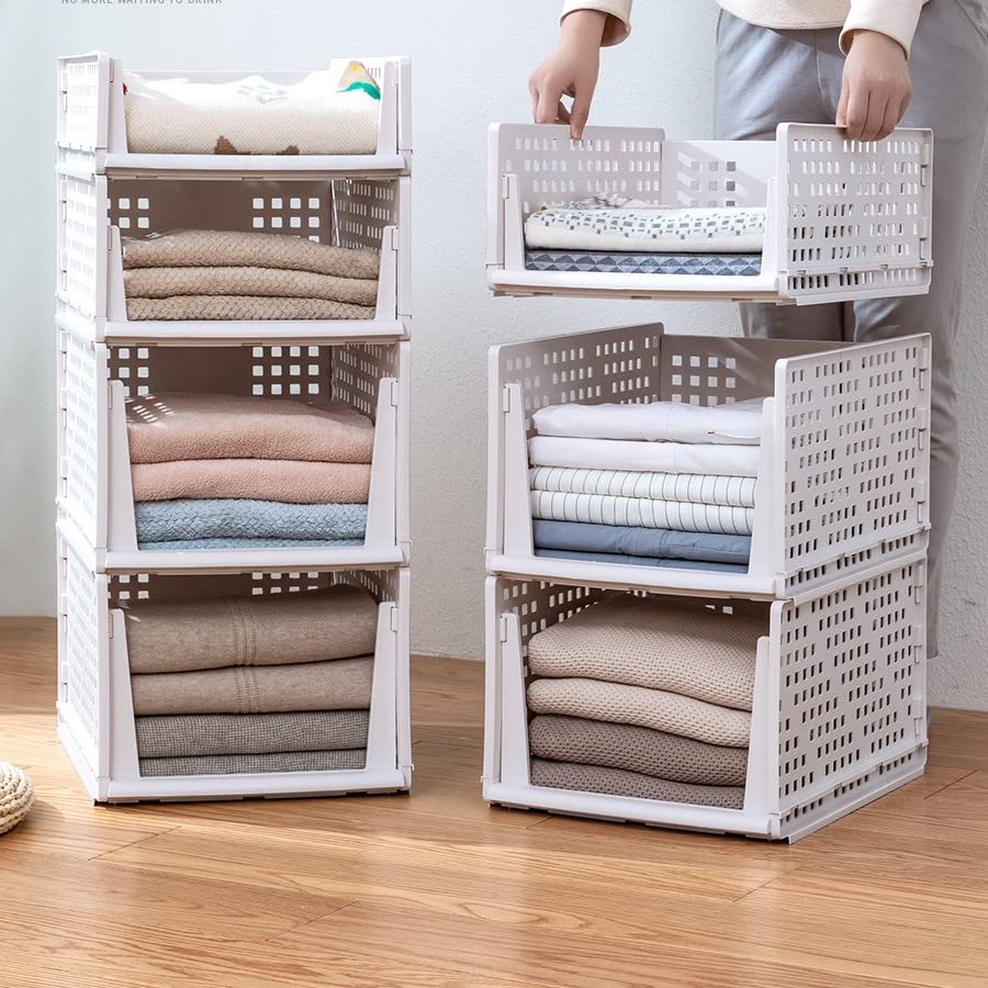 ASHILY Foldable Stackable Wardrobe Storage Shelf Box Containers, Multifunctional Drawer Organizer with Sliding Rails, Folding Clothes Baskets for Closet, Under Sink, Tabletop(L-17.13x13.39x9.65 in)