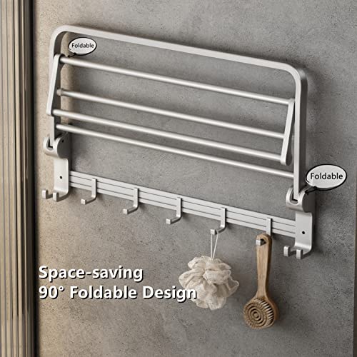 MUSTORN Towel Rack Wall Mount for Bathroom with Towel Bar and Hooks 23.6 in Foldable Towel Shelf Lavatory Towel Organizer Matte Silver