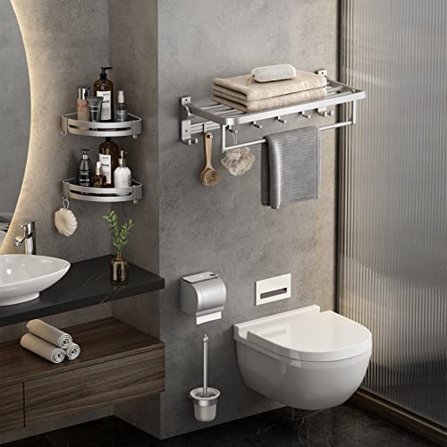 MUSTORN Towel Rack Wall Mount for Bathroom with Towel Bar and Hooks 23.6 in Foldable Towel Shelf Lavatory Towel Organizer Matte Silver