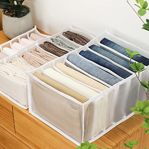 Wardrobe Clothes Organizer,7 Grids Washable Wardrobe Clothes Organizer,Jeans Compartment Storage Box Foldable Closet Drawer Organizer Clothes Drawer Mesh Separation Box (2pc-Medium, White)