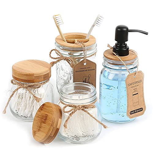 Bathroom Accessories Set 4 Pcs,Soap Dispenser,Toothbrush Holder, 2 Qtip Apothecary Jars with Bamboo Lid for Rustic Farmhouse Bathroom Decor, Makeup Organizer, Boho Countertop Storage (Glasss/Bomboo