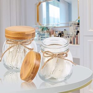 Bathroom Accessories Set 4 Pcs,Soap Dispenser,Toothbrush Holder, 2 Qtip Apothecary Jars with Bamboo Lid for Rustic Farmhouse Bathroom Decor, Makeup Organizer, Boho Countertop Storage (Glasss/Bomboo