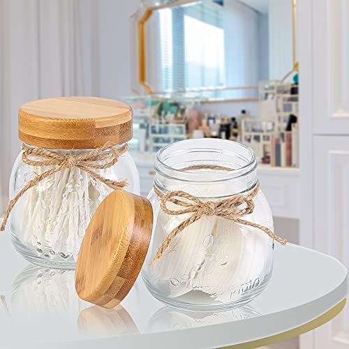 Bathroom Accessories Set 4 Pcs,Soap Dispenser,Toothbrush Holder, 2 Qtip Apothecary Jars with Bamboo Lid for Rustic Farmhouse Bathroom Decor, Makeup Organizer, Boho Countertop Storage (Glasss/Bomboo