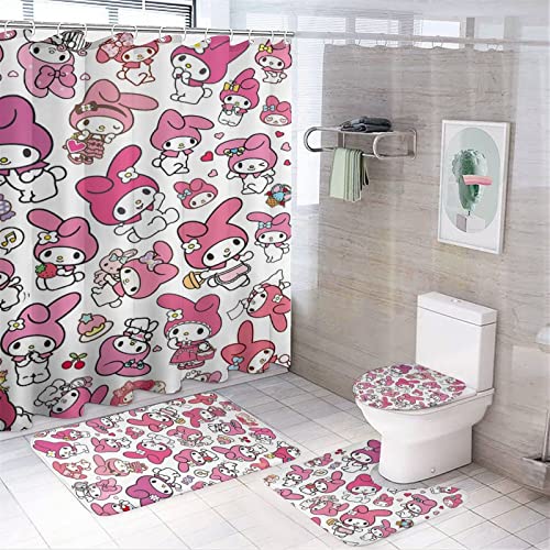 fmsnupz 4PCS Anime Shower Curtain Set, Cute Bathroom Decor with Non-Slip Rugs, Toilet Lid Cover and Bath Mat, Waterproof Fabric Shower Curtains with 12 Hooks, 70.8"x70.8"