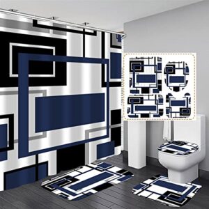 yddsky 4 pcs blue geometric shower curtain sets non-slip rugs bath mat, toilet cover, u-shaped mat, abstract geometric modern shower curtain with 12 hooks, black and blue bathroom set