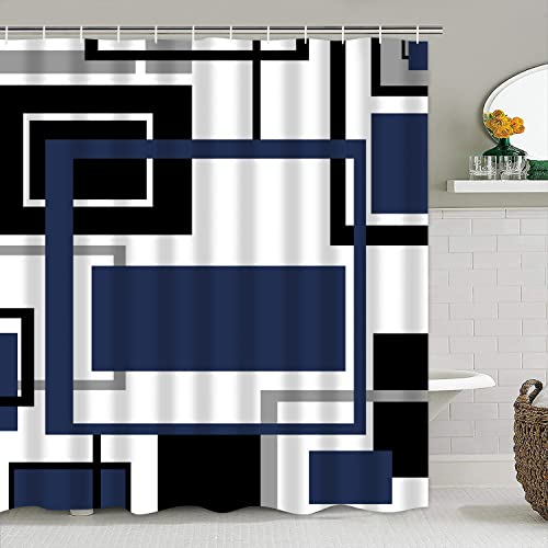 Yddsky 4 Pcs Blue Geometric Shower Curtain Sets Non-Slip Rugs Bath Mat, Toilet Cover, U-Shaped Mat, Abstract Geometric Modern Shower Curtain with 12 Hooks, Black and Blue Bathroom Set