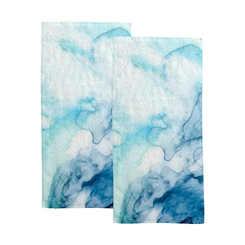 Vantaso Bath Hand Towels Set of 2 Ombre Blue Marble Soft & Absorbent Washcloths Towel for Bathroom Kitchen Hotel Gym Spa