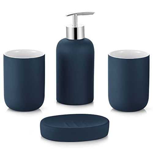 Hoomtaook Bathroom Accessories Set 4 Pieces,Vanity Countertop Ceramic Accessory Set for Bathroom Decor with Lotion Dispenser Soap Pump, 2 Tumbler and Soap Dish(Blue)