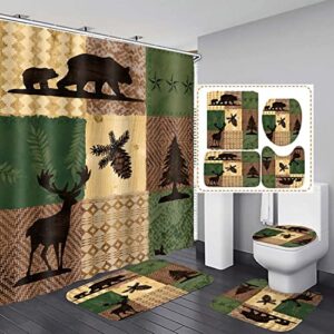 EARVO Forest Deer Bear Patchwork Pattern Shower Curtain, 4PCS Bath Sets with Non-Slip Rugs U-Shaped Mat Toilet Lid Cover Pine Tree Pinecone, Polyester with 12 Hooks 71x72 in SETMYEA38