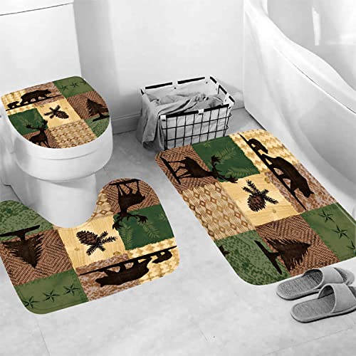 EARVO Forest Deer Bear Patchwork Pattern Shower Curtain, 4PCS Bath Sets with Non-Slip Rugs U-Shaped Mat Toilet Lid Cover Pine Tree Pinecone, Polyester with 12 Hooks 71x72 in SETMYEA38