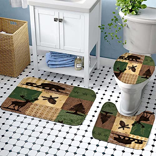 EARVO Forest Deer Bear Patchwork Pattern Shower Curtain, 4PCS Bath Sets with Non-Slip Rugs U-Shaped Mat Toilet Lid Cover Pine Tree Pinecone, Polyester with 12 Hooks 71x72 in SETMYEA38