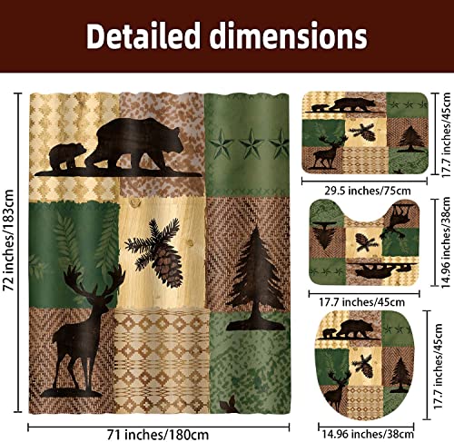 EARVO Forest Deer Bear Patchwork Pattern Shower Curtain, 4PCS Bath Sets with Non-Slip Rugs U-Shaped Mat Toilet Lid Cover Pine Tree Pinecone, Polyester with 12 Hooks 71x72 in SETMYEA38