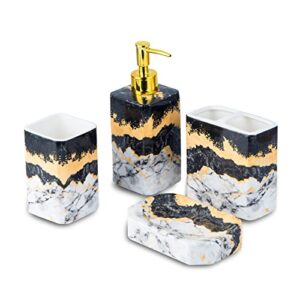 4 piece bathroom accessories set - black and white bathroom accessories set includes lotion dispenser, toothbrush holder tumbler, and soap dish - glossy finish (marble, black, and white)