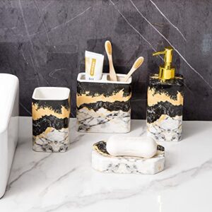 4 Piece Bathroom Accessories Set - Black and White Bathroom Accessories Set Includes Lotion Dispenser, Toothbrush Holder Tumbler, and Soap Dish - Glossy Finish (Marble, Black, and White)