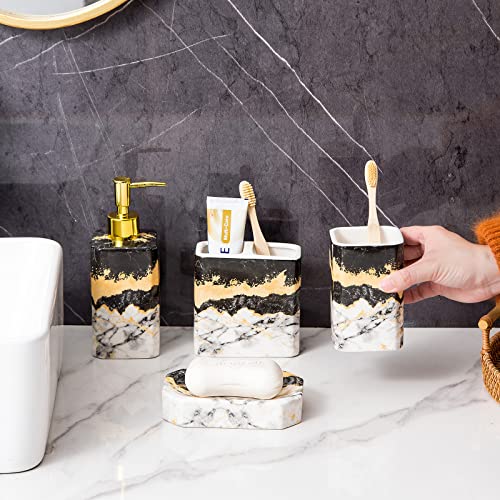 4 Piece Bathroom Accessories Set - Black and White Bathroom Accessories Set Includes Lotion Dispenser, Toothbrush Holder Tumbler, and Soap Dish - Glossy Finish (Marble, Black, and White)