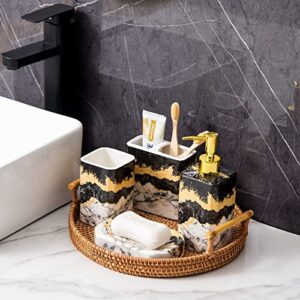 4 Piece Bathroom Accessories Set - Black and White Bathroom Accessories Set Includes Lotion Dispenser, Toothbrush Holder Tumbler, and Soap Dish - Glossy Finish (Marble, Black, and White)