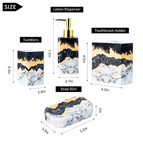 4 Piece Bathroom Accessories Set - Black and White Bathroom Accessories Set Includes Lotion Dispenser, Toothbrush Holder Tumbler, and Soap Dish - Glossy Finish (Marble, Black, and White)