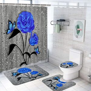 alishomtll 4 pcs blue rose shower curtain sets with non-slip rug, toilet lid cover and bath mat, butterfly floral shower curtain with 12 hooks, waterproof blue and gray shower curtains for bathroom