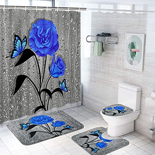 Alishomtll 4 Pcs Blue Rose Shower Curtain Sets with Non-Slip Rug, Toilet Lid Cover and Bath Mat, Butterfly Floral Shower Curtain with 12 Hooks, Waterproof Blue and Gray Shower Curtains for Bathroom