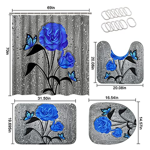 Alishomtll 4 Pcs Blue Rose Shower Curtain Sets with Non-Slip Rug, Toilet Lid Cover and Bath Mat, Butterfly Floral Shower Curtain with 12 Hooks, Waterproof Blue and Gray Shower Curtains for Bathroom