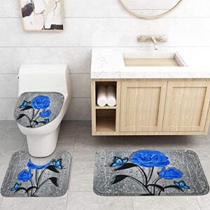 Alishomtll 4 Pcs Blue Rose Shower Curtain Sets with Non-Slip Rug, Toilet Lid Cover and Bath Mat, Butterfly Floral Shower Curtain with 12 Hooks, Waterproof Blue and Gray Shower Curtains for Bathroom