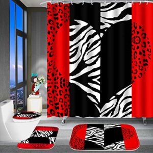 poedist 4 pcs bathroom shower curtain set,red leopard print shower curtain bright style shower curtain sets with rugs(bath mat,u shape and toilet lid cover mat) and 12 hooks
