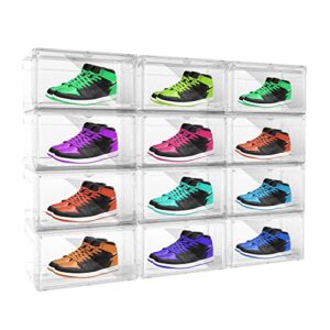 large sturdy 12 pack shoe storage box, clear plastic stackable shoe organizer with magnetic door for sneakers display, space saving closet container for entryways and under beds, fits us size 14