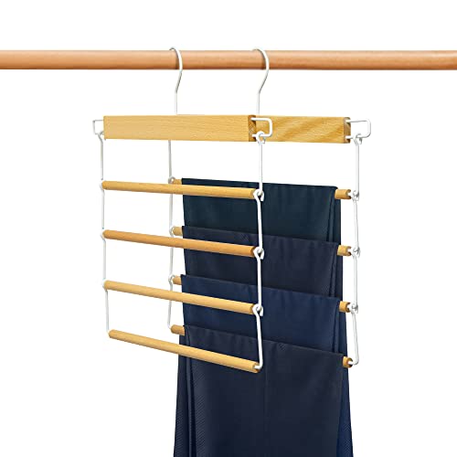 Pants Hangers Space Saving Wood Pant Hangers Multi Functional Pants Rack Non Slip Folding Pant Hangers with 360-Rotating Swivel Hook, for Pants Jeans Scarf Trouser Tie Towel Pack of 2