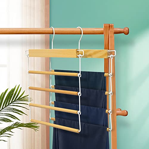 Pants Hangers Space Saving Wood Pant Hangers Multi Functional Pants Rack Non Slip Folding Pant Hangers with 360-Rotating Swivel Hook, for Pants Jeans Scarf Trouser Tie Towel Pack of 2